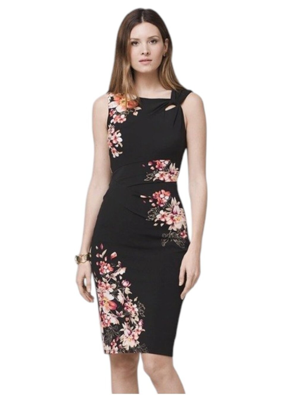 WHBM White House Black Market Floral Sheath Dress‎ Black Midi Women's Sz 12